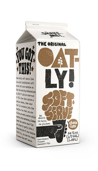 64oz Oatly Soft Serve Mix. Chocolate flavored. No dairy. No nuts. No gluten.